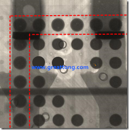 BGA錫球尺寸小于0.4mm，采用降低BGA內(nèi)圍襲球的錫膏量所得到X-Ray，稍微留意一下可以發(fā)現(xiàn)最外圈的錫量(圓的直徑)比其他內(nèi)圍的錫球上的錫量來得多一點(diǎn)點(diǎn)。也就是外圈的黑色圓形直徑比內(nèi)圈的圓形來得大一點(diǎn)點(diǎn)。