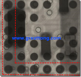 BGA錫球尺寸小于0.4mm，采用降低BGA內(nèi)圍襲球的錫膏量所得到X-Ray，稍微留意一下可以發(fā)現(xiàn)最外圈的錫量(圓的直徑)比其他內(nèi)圍的錫球上的錫量來得多一點(diǎn)點(diǎn)。也就是外圈的黑色圓形直徑比內(nèi)圈的圓形來得大一點(diǎn)點(diǎn)。