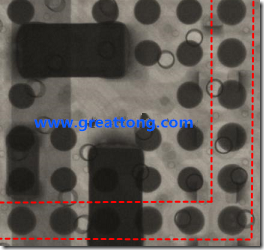 BGA錫球尺寸小于0.4mm，采用降低BGA內(nèi)圍襲球的錫膏量所得到X-Ray，稍微留意一下可以發(fā)現(xiàn)最外圈的錫量(圓的直徑)比其他內(nèi)圍的錫球上的錫量來得多一點(diǎn)點(diǎn)。也就是外圈的黑色圓形直徑比內(nèi)圈的圓形來得大一點(diǎn)點(diǎn)。