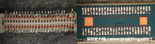 把板對(duì)板連接器與其電路板的佈線焊墊作一個(gè)比較，端子的切斷面有毛邊的地方剛好對(duì)到了裸銅區(qū)。
