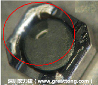 使用錫(Sn)鍍層的電源電感器(Power Inductors)，經(jīng)過推力測試后，其焊點(diǎn)還保留在零件的端點(diǎn)上，所以推力比較高。
