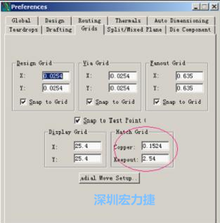  改銅皮的填充網(wǎng)格Global→Design Units，填充方向Drafting→Direction；Hatch Grid中Copper此數(shù)值為大銅箔中所填充的線條中心到中心的距離。