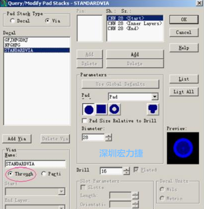 分析文件完成后，點擊菜單Setup→Pad Stacks調(diào)出焊盤堆設(shè)置窗口，將Pad Stack Type改為Via