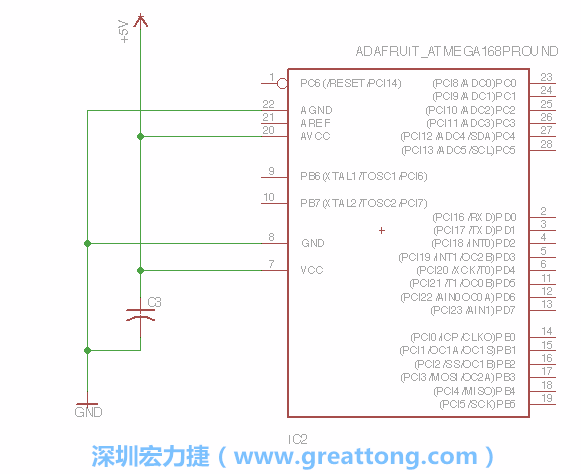 3.1.    新增微控制器晶片（RBBB → ATmega），把它放在電路原理圖的中央附近，把它的兩個接地接頭連接到接地訊號端。