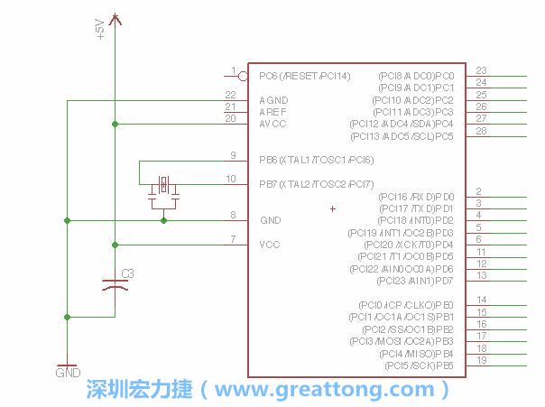 3.2.    在靠近ATmega的電源供應針腳7的位置放置一個0.1μF的電容，將它分別連接電源、接地端和針腳7。