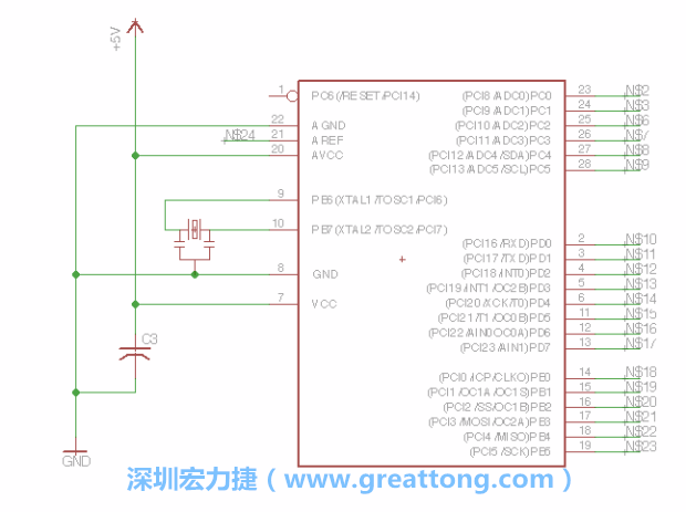 3.3.    將共鳴器（resonator）放置在針腳9和針腳10附近，將它的三個針腳連接如圖所示，并確認最中間的針腳有連到接地端。