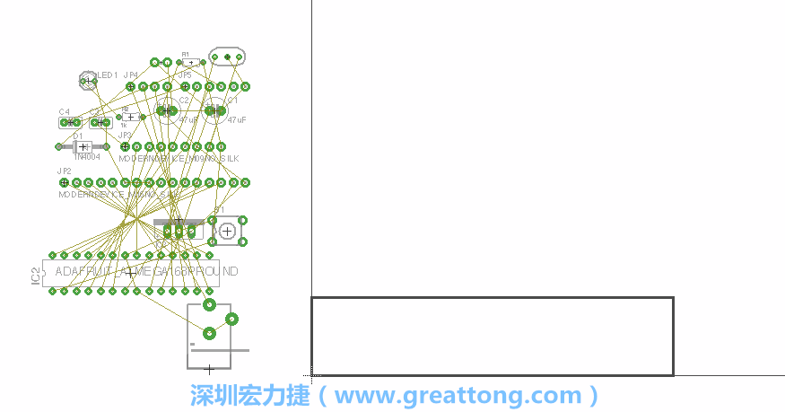 第一次執(zhí)行布線編輯器時(shí)，你會(huì)發(fā)現(xiàn)有兩個(gè)區(qū)塊，左邊的區(qū)塊非常混亂，而右邊的區(qū)塊則是一個(gè)長(zhǎng)方形的工作區(qū)域，EAGLE免費(fèi)版會(huì)限制你的工作區(qū)域在4” x 3.2”的范圍內(nèi)，如果你試圖將元件擺放在工作區(qū)外的話，就會(huì)跳出警示訊息。