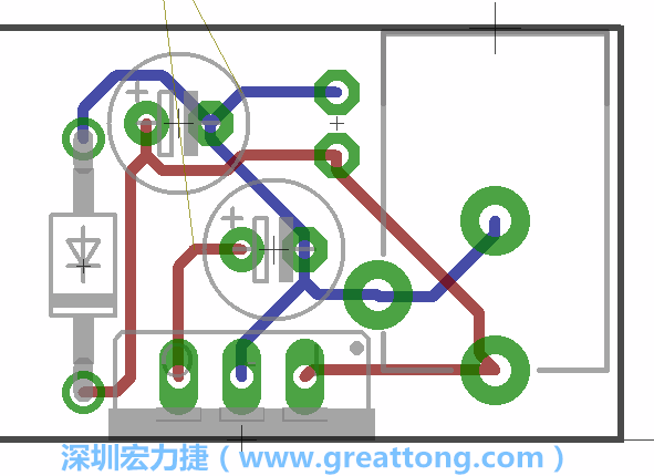 接地連結(jié)點(diǎn)的布線情形如下圖所示，利用這個(gè)練習(xí)來(lái)避免電路連線銳角化的產(chǎn)生是一個(gè)不錯(cuò)的選擇，你可以在工具列中的彎曲線路（Wire Bend）選項(xiàng)里改變各種布線的變化。