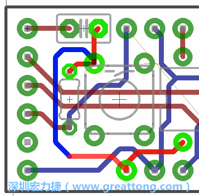 為了要?jiǎng)?chuàng)造一個(gè)電路通道，首先要先點(diǎn)擊重置開(kāi)關(guān)的連結(jié)點(diǎn)進(jìn)行布線，在電路板的背面繪制線路直到其它線路前的乾淨(jìng)區(qū)域。