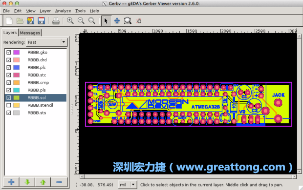 將圖層匯入你的Gerber預(yù)覽工具內(nèi)（下圖為Gerbv），我通常會(huì)從上到下重新排列它們的順序，好讓我比較好校對：