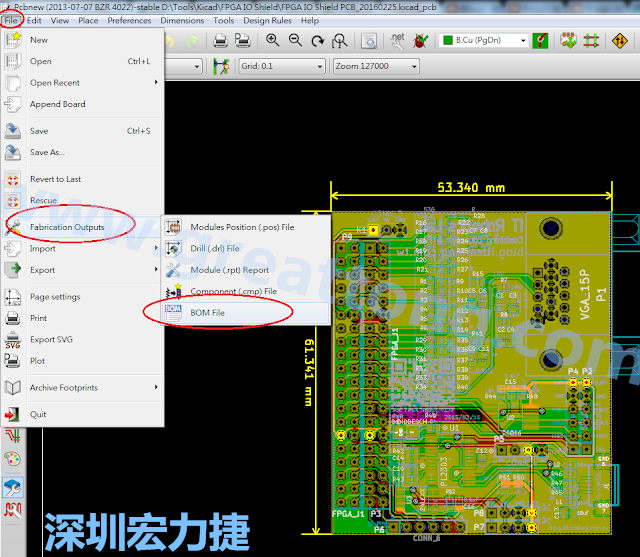在Kicad的PCB Editor, 點(diǎn)選 File->Fabrication Outputs->BOM File, 即可產(chǎn)生一個(gè) .csv 的Excel 檔案。